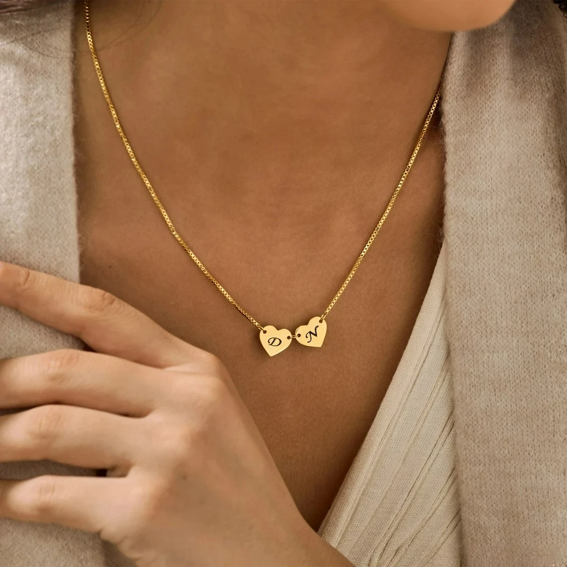 Personalized 2 Gold Heart Initial Necklace