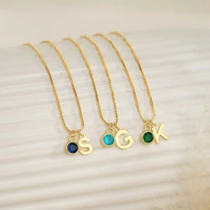 Custom Gold Initial Necklace with Birthstone