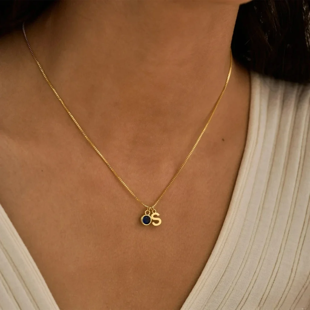 Custom Gold Initial Necklace with Birthstone