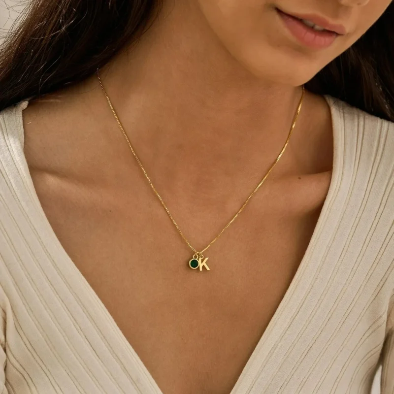 Custom Gold Initial Necklace with Birthstone