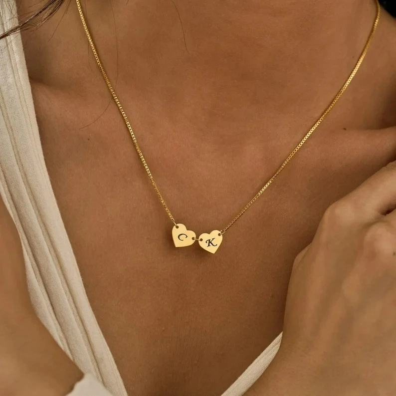 Personalized 2 Gold Heart Initial Necklace