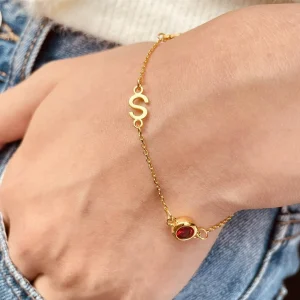 Custom Gold Initial Bracelet with Birthstone