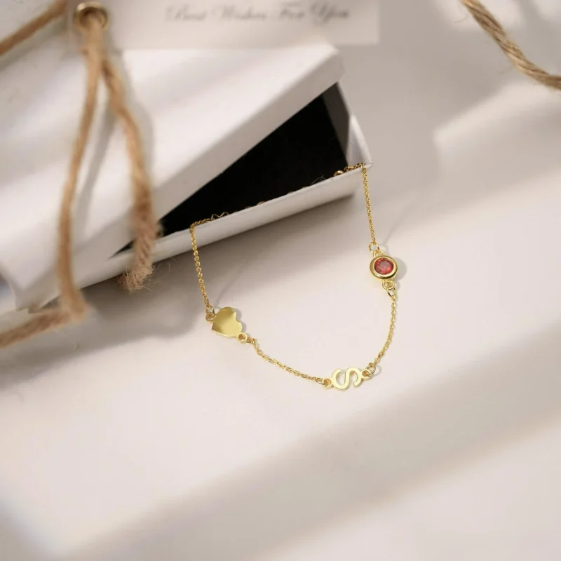 Custom Gold Initial Bracelet with Birthstone